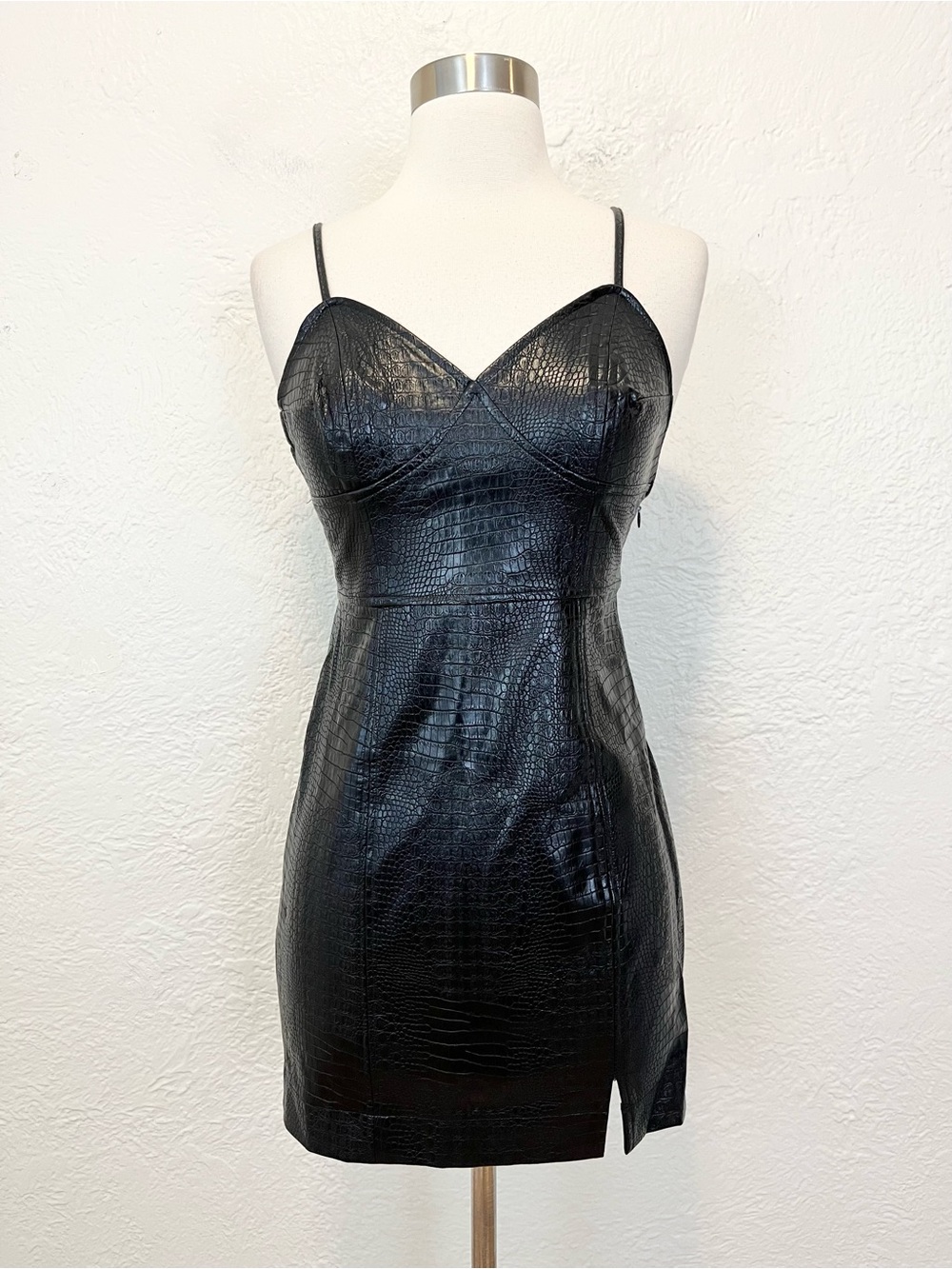 J.O.A. Dress Black Faux Leather Croc Mini XS Extra Small